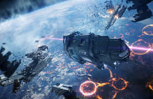 太空船在藍色行星上空戰鬥，伴有熾熱爆炸和碎片。 — 電玩遊戲 GIF 壁紙
