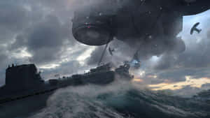 一艘太空船籠罩在暴風雨中正在下沉的戰艦上方，戰鬥機在飛翔。 — 電玩遊戲 GIF 壁紙