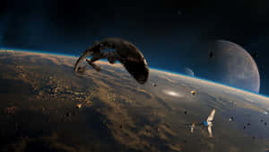 未來的太空船圍繞著一顆有發光城市燈光的行星運行，背景是星空。 — 太空船 壁紙