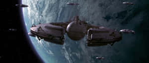 在深空中環繞藍色行星的太空船艦隊。