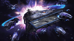 未來戰艦在色彩繽紛的宇宙爆炸中交戰。 — 太空船 壁紙