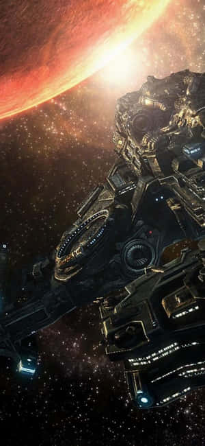 未來太空船在星空中的紅色行星附近漂浮。 — 電玩遊戲 GIF 壁紙