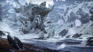 一艘巨大的科幻太空飛船擱淺在白雪覆蓋的山谷中。 — 5120x2880 壁紙