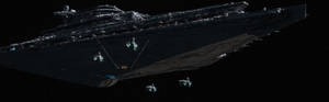 一艘大型星際毀滅者與護航戰鬥機在深空中。 — 星際大戰 雙螢幕 壁紙