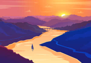 日落時分，帆船在河上，遠處有紫色山脈和一座橋。 — 矢量藝術 壁紙