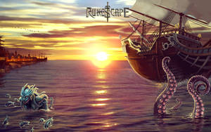 一艘幻想船在日落時分與章魚觸手搏鬥，靠近發光的沿海城鎮。 — Runescape 壁紙