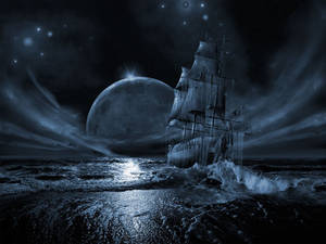 一艘船在巨大的月亮和星星下行駛在波濤洶湧的海面上。