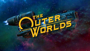 一艘太空船飛過色彩繽紛的星雲，帶有「The Outer Worlds」標題。 — 宇宙美學 壁紙