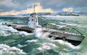 德國U型潛艇在波濤洶湧的海面上浮，背景有軍艦 — 幽靈船 壁紙