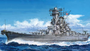 一艘大型灰色戰艦在多雲的天空下航行於波濤洶湧的藍色海面上。 — 海軍藍 壁紙