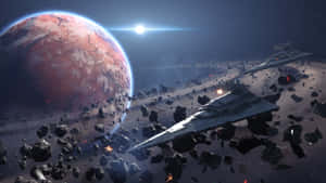 星際毀滅者在太空中紅色行星附近的小行星帶飛行。 — 太空船 壁紙