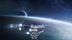 未來太空船在星空夜空下繞行行星。 — 木星 GIF 壁紙