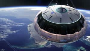 未來太空艙在日落時分漂浮在地球的海洋和陸地上空。 — 太空船 壁紙