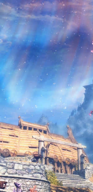 維京長船在石碼頭上，發光的極光天空和山脈 — 電玩遊戲 GIF 壁紙