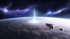 行星上空的未來太空船，發光光束穿透雲層和星星 — 高解析度電腦 壁紙