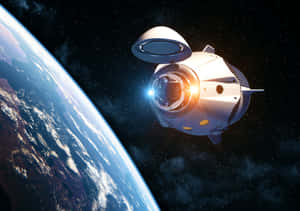 一艘發光的太空船在太空中繞地球運行，星星可見。 — 宇宙 壁紙