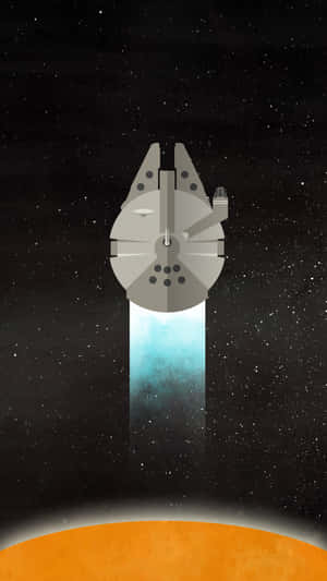 藍色引擎的太空船在橙色行星上方的星空中飛行。 — 獵鷹 壁紙