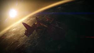 太空船在日落時繞行星運行，帶有鏡頭光暈和金色光芒。 — 天命 4K 壁紙