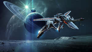 未來太空船在外星衛星上空飛越，靠近帶光環的行星 — 機器人 壁紙
