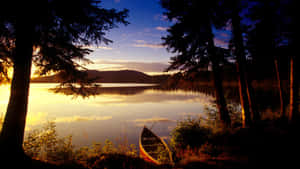 夕陽下湖邊的獨木舟，被樹木環繞 — 湖泊 壁紙