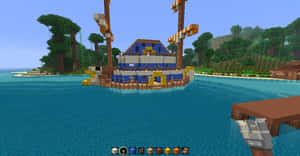 Minecraft海盜船在日落時漂浮在森林海岸附近的水面上。 — 日落 壁紙