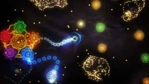 一艘藍色太空船在充滿發光曼陀羅球體的星空空間中留下一道閃爍的痕跡。 — 靈性美學 壁紙