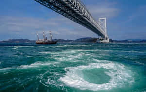 船隻在大橋下行駛，下方有旋轉的海水。 — 水 壁紙