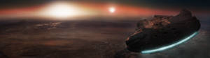 一艘太空船在日落時飛越沙漠星球。 — 32:9 壁紙