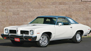 白色經典Pontiac GTO肌肉車，藍色車頂，停靠在石牆旁。