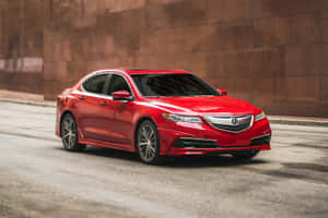 紅色Acura轎車停放在城市街道上，靠近石牆。 — Acura 壁紙