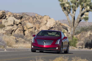 紅色Cadillac ELR在沙漠公路上行駛，有約書亞樹和岩石山丘。 — Surface Laptop 壁紙