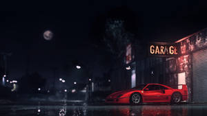 夜晚停泊在霓虹燈車庫外的紅色法拉利F40，帶有雨地反射。 — F1 iPhone 壁紙