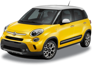 黃色Fiat 500X緊湊型SUV，白色車頂和銀色車輪。