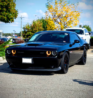 黑色Dodge Challenger SRT，帶有橙色光環頭燈，停在秋樹附近的街道上。 — 野馬GIF 壁紙