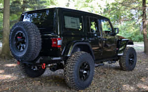 黑色Jeep Wrangler停放在樹林地區，陽光穿過樹木照射下來。 — 吉普 壁紙