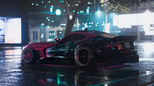 夜間濕漉漉的城市街道上的塗鴉跑車，帶有霓虹反射。 — 賽車 壁紙