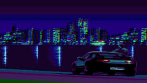 夜間海濱上的像素跑車，帶有發光城市天際線倒影。 — 日式審美桌面 壁紙