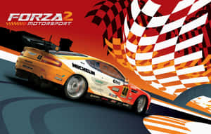 橙色賽車在賽道上疾馳，帶有方格旗圖案和 Forza Motorsport 標誌。 — 電玩遊戲 GIF 壁紙