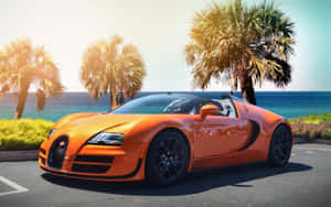橙色Bugatti Veyron敞篷跑車在日落時停泊在海邊的棕櫚樹旁。 — 布加迪 GIF 壁紙