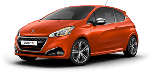 橙色Peugeot 208 GTi跑車在黑色攝影棚背景上