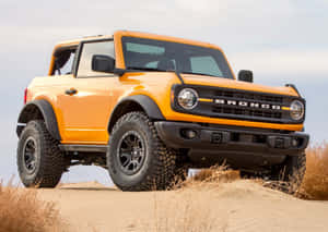 橙色福特Bronco SUV在沙丘的乾草中。 — 福特野馬越野車 壁紙