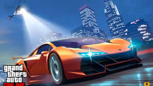 橙色跑車在夜晚穿過發光的城市，伴隨著直升機探照燈。 — 電玩遊戲 GIF 壁紙