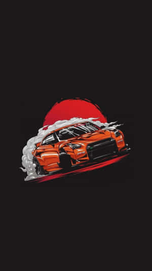 橙色飄移車在黑色背景上對著紅色太陽冒煙。 — JDM風格 壁紙