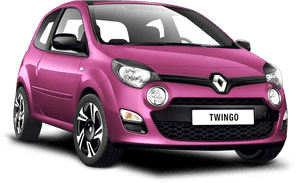 粉紅色雷諾 Twingo 緊湊型汽車，帶有黑色飾條和合金輪圈，黑色背景。