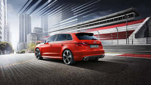 賽道上的紅色奧迪RS3 Sportback，背景為城市天際線。 — 奧迪 GIF 壁紙
