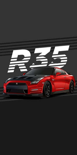 紅色日產GT-R R35跑車，帶有黑色飾邊和白色R35標誌，背景為深灰色。 — 日產 壁紙