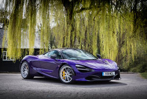 紫色McLaren 720S停放在一棵金綠色枝條的垂柳下。