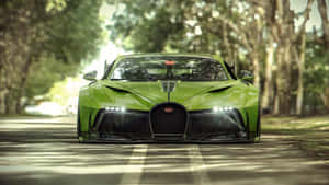 一輛綠色Bugatti跑車停在陰涼的林蔭大道上。 — 布加迪 GIF 壁紙