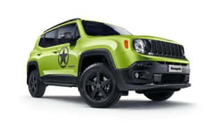 白色背景上，帶有黑色車輪和星星貼紙的萊姆綠色Jeep Renegade SUV。 — Steam Deck 壁紙