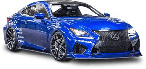 藍色 Lexus 跑車，帶有賽車貼紙和黑色輪胎，黑色背景